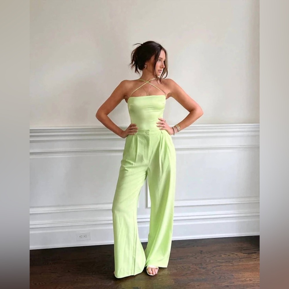 WeWoreWhat Strappy Satin Chiffon Bodysuit In Sharp (Lime) Green